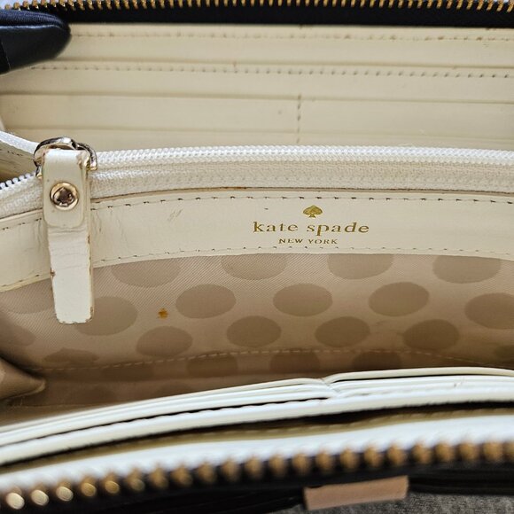 Kate Spade Zip Around Leather Wallet Organize Black White Bow Gold Accents - Picture 11 of 16